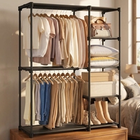 Organisateur de placard portable en métal avec double tringle de suspension et étagères latérales