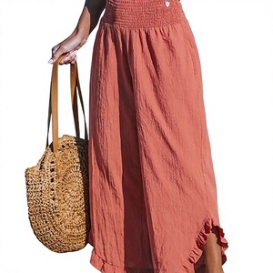 Jupe longue taille mi-haute élastique respirante en polyester/spandex, couleur unie, style bohème, coupe ample, pour femme, été - Product Image 3