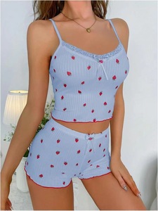 Stile classico di vendita caldo da donna a righe stampate alla fragola senza maniche e Shorts 2 pezzi Set per la casa pigiama da donna - Product Image 6