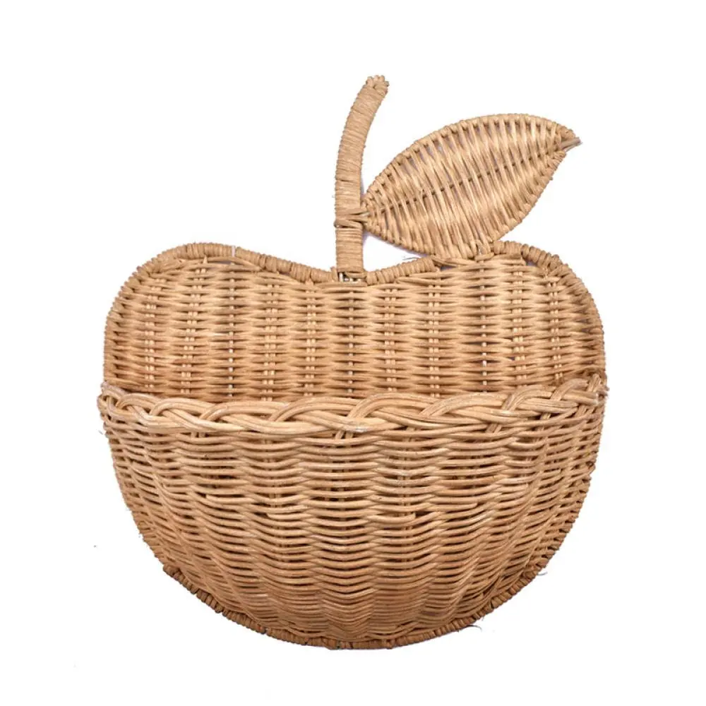 Cute Handmade Apple-Shaped Round Hand Woven Rattan Wall Basket for Home Decoration Storage