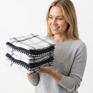 Checkered Cotton <b>Kitchen</b> Towels Rectangle Woven Eco Friendly Machine Wash Gray White Black Pattern - Product Image 1