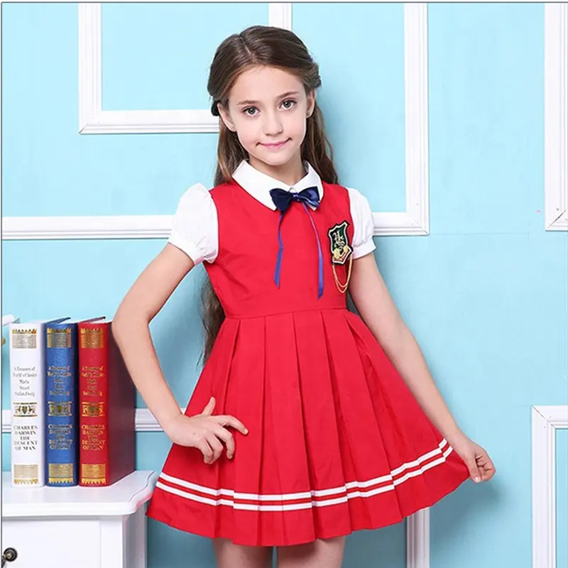 OEM Service Fabrik Herstellung roten Kindergarten und Grundschule Uniform Mädchen Kinder Kinder Plissee Schürze Kleid