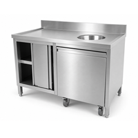 Meuble de cuisine en acier inoxydable avec porte coulissante, trou pour crédence et chariot de récupération des vaisselles sur roulettes