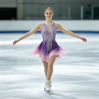 Robe de patinage et de danse pour enfants et adultes, dégradé violet-rose, manches longues en maille, jupe à pétales ornée de strass et de paillettes, pour compétition et spectacle de patinage artistique