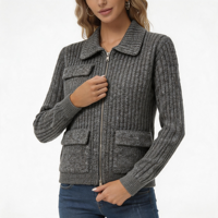 Cardigan en maille côtelée chinée de haute qualité pour femme, avec fermeture éclair, poches plaquées, coupe ample, haut à manches longues