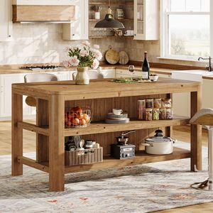 Table d'îlot de cuisine SENYU style ferme avec étagère de rangement à 3 niveaux, table de bar en bois de chêne massif hauteur comptoir pour salle à manger - Product Image 1