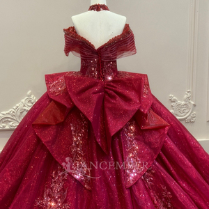 Xs306 Modern Gorgeous Burgundy Quinceanera Ball Gown Sweetheart Beaded Sequin Glitter <b>Tulle</b> Chapel Train Floor-Length Dress for - Product Image 5