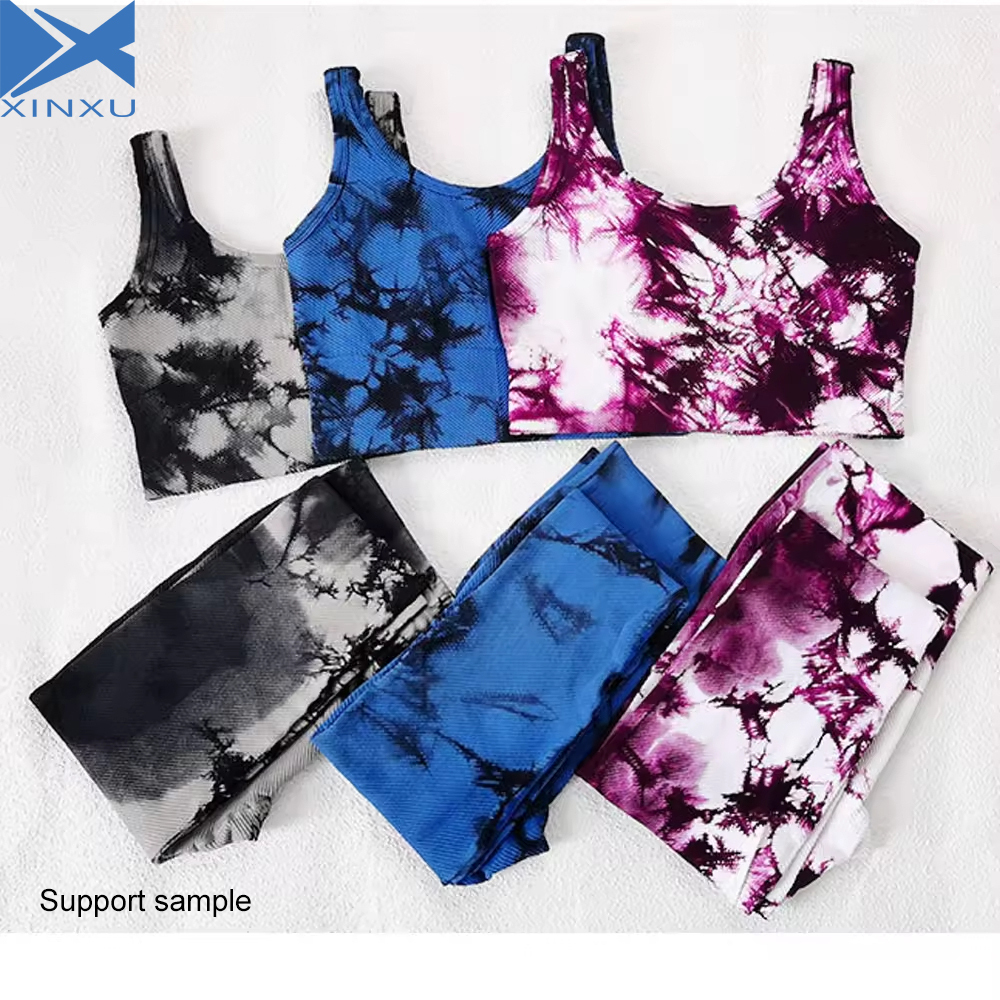 XINXU 2024 Yoga Set Fitness Women Sexy Bra Sports Wear High Waist Tie Dye Two Piece Sets