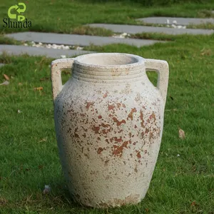 Toptan özel vintage dokulu yuvarlak terracotta çömlek kavanoz antika bej vazo ev dekoratif çiçek vazolar kolları ile