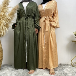 1950# New Arrival Printed Satin Open Abaya With Feather Cuff Long Sleeve Abaya Kimono With Belt 7 Colors - Product Image 1