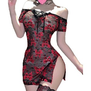 Vestido de encaje con hombros descubiertos para mujer, sin mangas, con estampado de mariposas rojas, transparente, disfraz de Reina de la Discoteca 8159 - Product Image 4