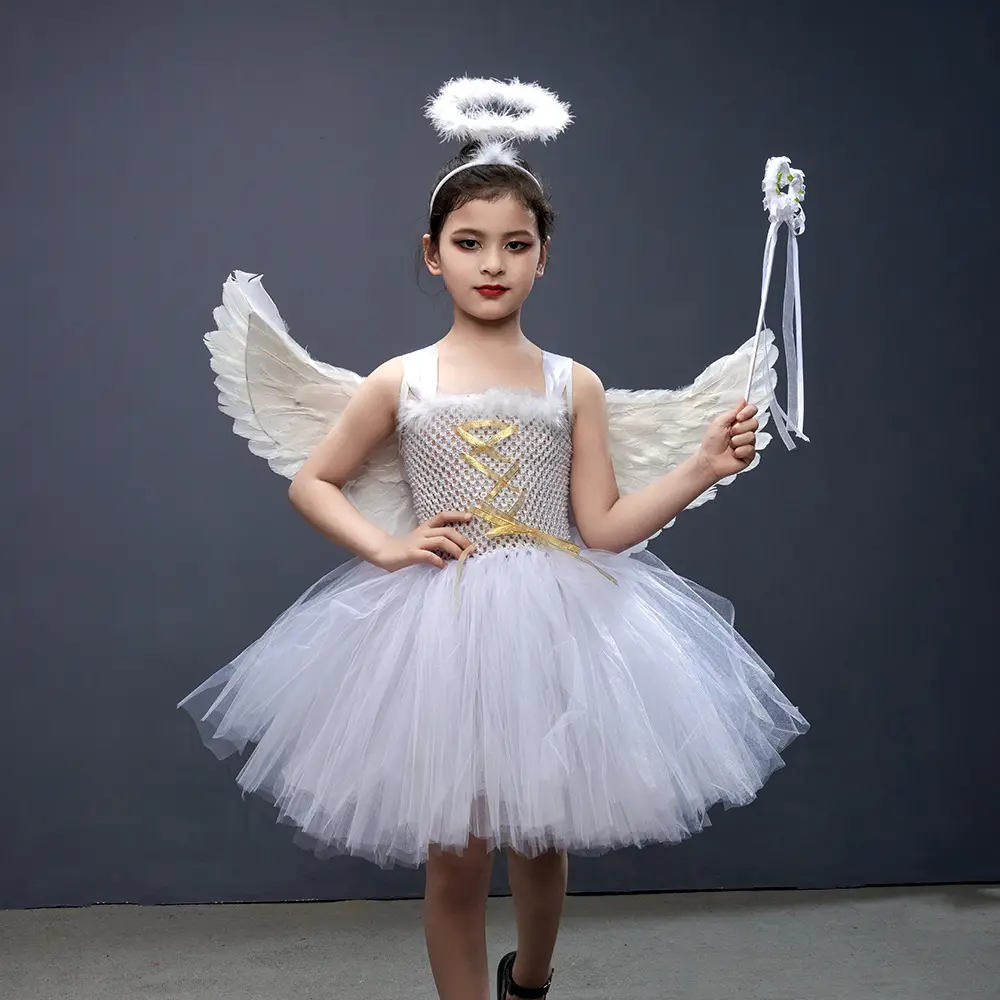 BAIGE Halloween Kids Costume Party Wear Princess Angel White Cosplay Gown Girl Carnival Party Tutu Tulle Dresses For Girl