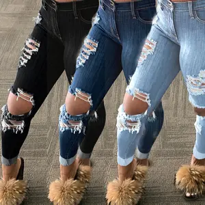 2022 plus size High Quality Casual Bottoms for Women Patchwork Zip Button Hole Pockets lace up jean Denim Trousers Denim Jeans