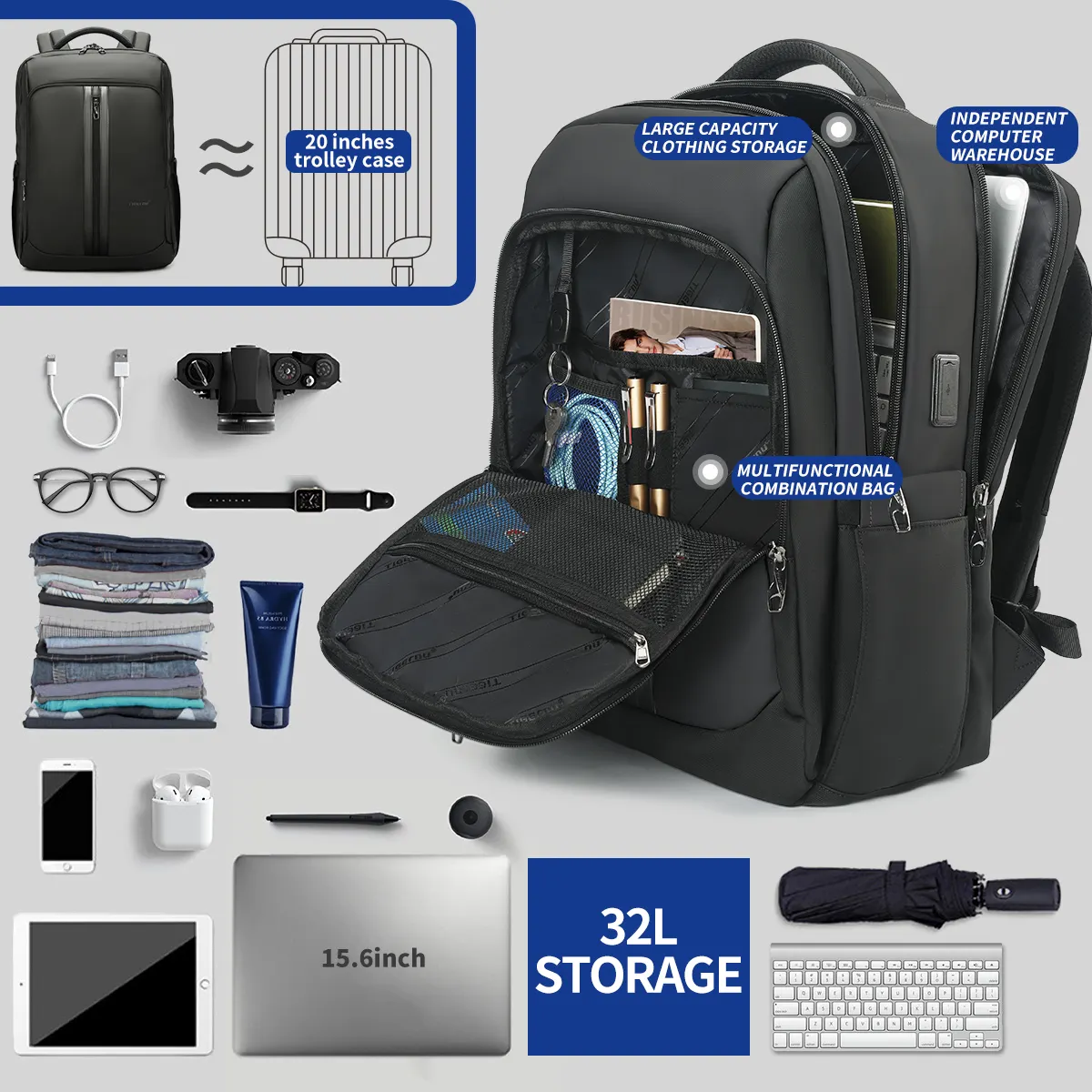 Sıcak satmak Tigernu 15.6 17 sırt çantası toptan bilgisayar çantası anti hırsızlık dizüstü bilgisayar seyahat sırt çantası tip c usb şarj portu ile