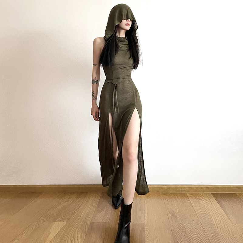 Cyber Gothic Desert Walker Hooded Dresses Y2k Punk Grunge