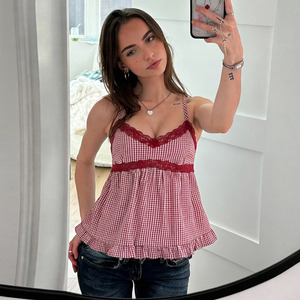 European American Sweet Fresh Plaid Print Lace <b>Patchwork</b> Ruffle Hem Breathable Quick-Dry Cami <b>Top</b> Simple Sleeveless Slim Fit - Product Image 1