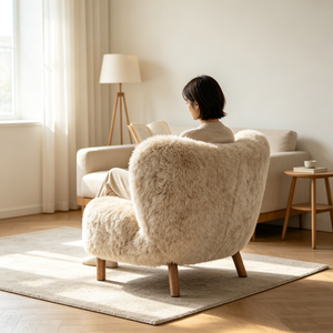 Fauteuil italien minimaliste à dossier haut en laine longue et moelleuse, idéal pour villa, maison ou bureau. - Product Image 1