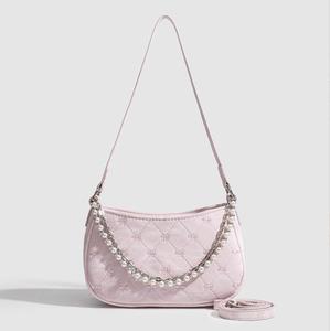2025 Alibaba en línea moda Rosa señora bolso PU Honda cadena de metal, nuevo diseño mujer noche belleza hombro bolso OEM - Product Image 1
