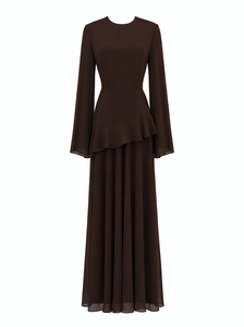 Vestido Largo de Gasa Marrón con Mangas de Campana Personalizado por Leduo para Mujer – Elegante Vestido de Noche con Cintura con Volantes para Boda - Product Image 3