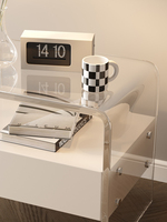 Table de chevet moderne en cuir et bois avec pieds en acrylique transparent, table de chevet de luxe à 1 tiroir pour appartement, hôtel, chambre à coucher