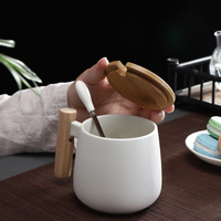 Mug à café nordique simple de 14 oz avec poignée en bois, tasse en céramique créative avec couvercle en bois, cuillère, coffret cadeau