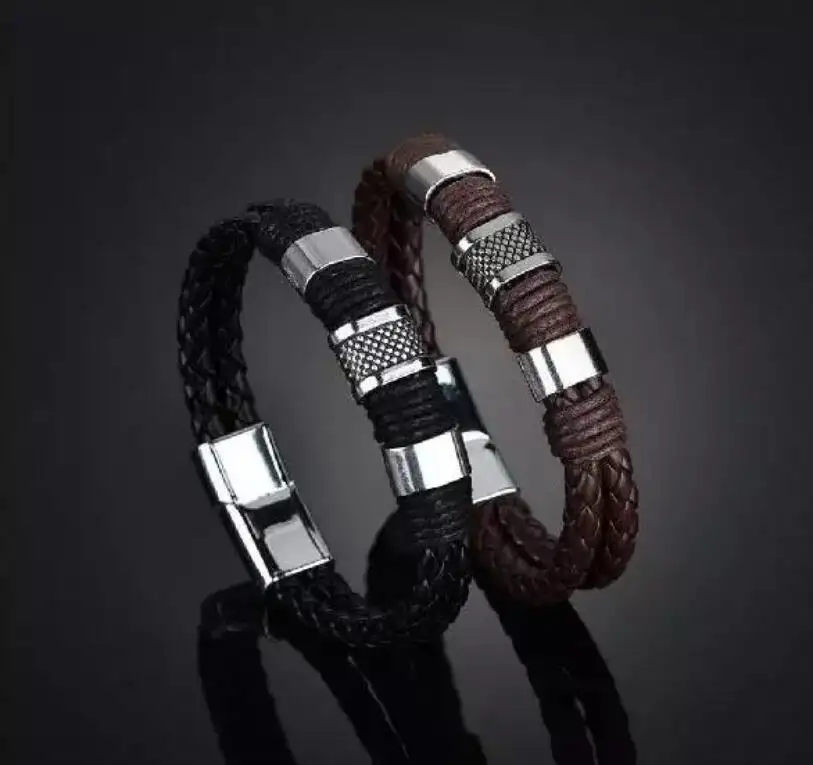 STEEL Stainless Steel Braided Leather Bracelet for Men Cuff Bracelet Magnetic Clasp 7.5-8.5 inches