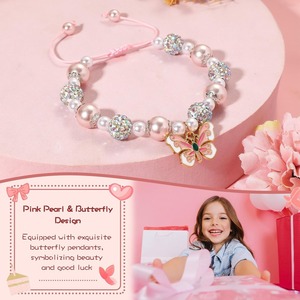 Pink Bead <strong>Bracelet</strong>, Pearl Butterfly &amp; Love Heart Design, Adjustable Handmade Woven Rope Jewelry - Product Image 1