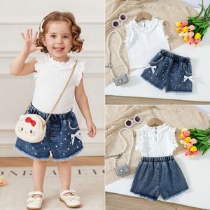 Nuevo Conjunto de Shorts de Mezclilla de Verano Estilo Europeo y Americano para Niños Pequeños, Chaleco sin Mangas con Volantes + Jeans con Cuentas, Estilo Coreano - Product Image 2