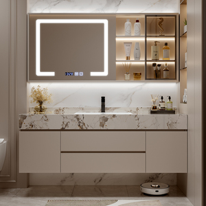 <strong>Light</strong> Luxury All-in-One <strong>Bathroom</strong> Vanity <strong>Cabinet</strong> <strong>with</strong> Smart <strong>Mirror</strong> Copper Drainer Seamless Rock Plate Ceramic Wall-Mounted - Product Image 3