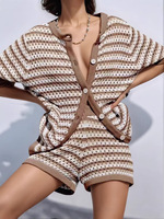Ensemble deux pièces ample en maille ajourée rayée pour femme, cardigan boutonné à manches courtes et short à taille élastique, tenue de détente printanière
