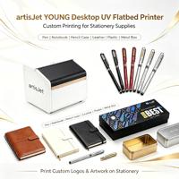artisJet YOUNG Printer UV Flatbed Desktop Digital UV LED untuk Pencetakan Alat Tulis, Pulpen, Buku, Tas Pensil, Kulit, Plastik, Logam, Kotak