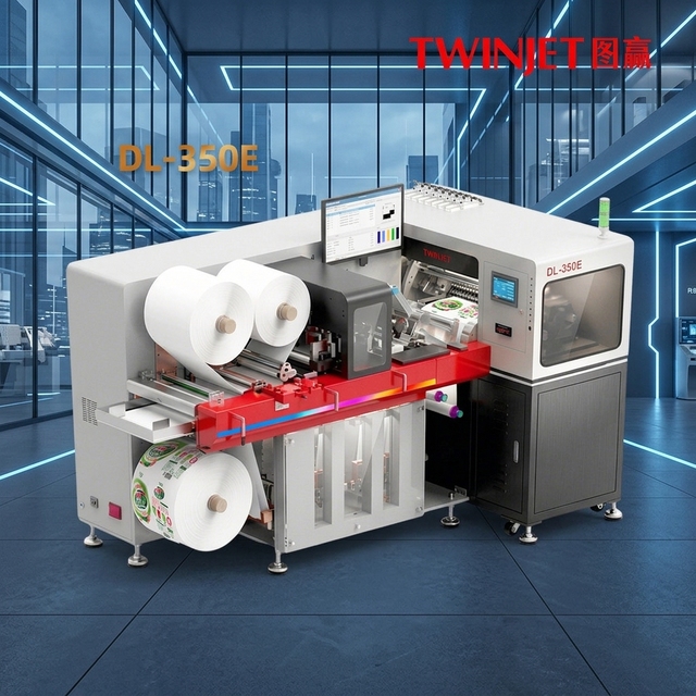 High Speed Roll to Roll 350mm Printing Size 2 Printheads All-in-one Labeling Machine Digital Label Machine