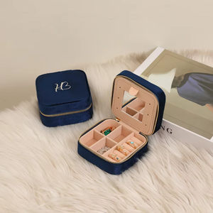 Elegant Navy Blue Square Jewelry Organizer with Zipper Closure and Mirror Interior for Rings <b>Earrings</b> Storage - Product Image 1