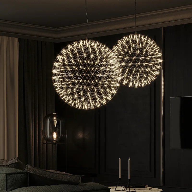 Otel lobisinde paslanmaz çelik kıvılcım topu LED kolye ışık havai fişek top dekoratif aydınlatma