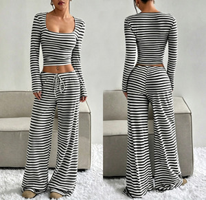 Conjunto de Loungewear a Rayas Acanalado para Mujer al por Mayor, Top Corto con Cuello Cuadrado y Pantalones de Pierna Ancha, <span class=keywords><strong>Pijamas</strong></span> a Granel en Stock - Product Image 5