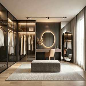 <span class=keywords><strong>Dressing</strong></span> sur mesure de luxe moderne avec portes vitrées à charnières, éclairage LED, rangement intégré pour chaussures, coiffeuse et armoire écologique - Product Image 3