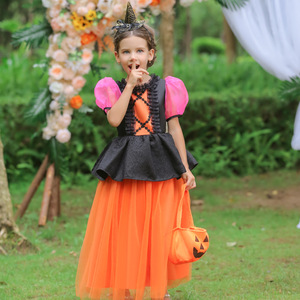 Halloween Pumpkin Costume For Girls Orange Black Puffy Long Skirt A Line Chiffon Dress Performance Wear - Product Image 3