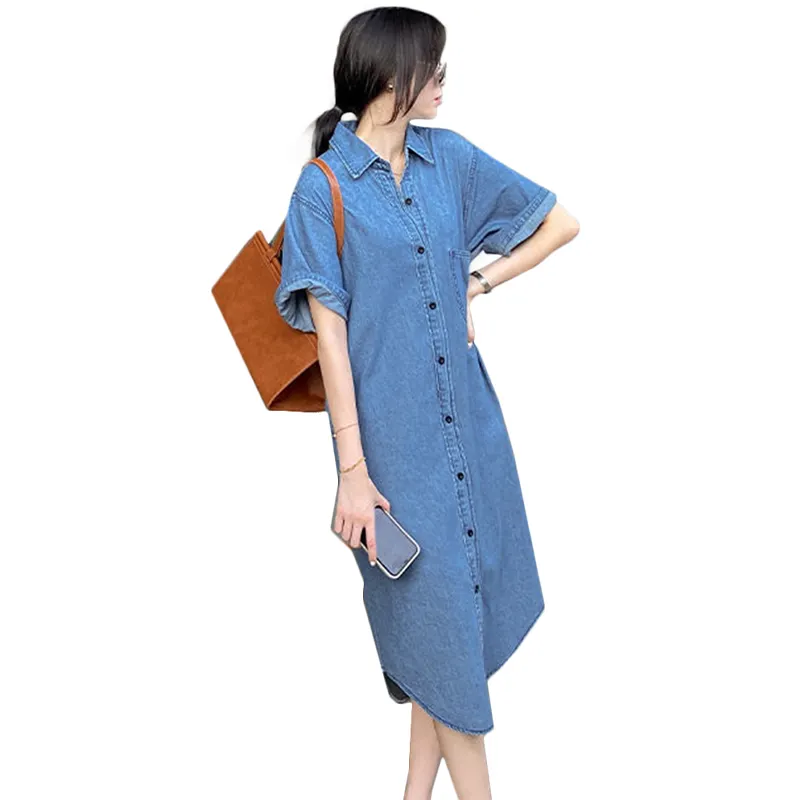 Women Korean Vintage Hong Kong Style Dress Loose Lapels Age-Reducing Long Denim One Piece Dress