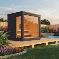 Cabine de sauna extérieure minimaliste carrée, lignes épurées, bois massif, sauna moderne pour jardin