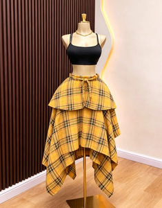 Jupe longue asymétrique à carreaux pour femme, superposée, à volants, taille à cordon de serrage, ourlet irrégulier, fluide, logo personnalisé Sehe Fashion - Product Image 3