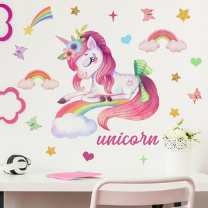Autocollant mural <span class=keywords><strong>en</strong></span> PVC amovible et auto-adhésif, dessin animé <span class=keywords><strong>licorne</strong></span> <span class=keywords><strong>arc</strong></span>-<span class=keywords><strong>en</strong></span>-<span class=keywords><strong>ciel</strong></span> papillon étoiles, décoration de chambre à coucher et de salon - Product Image 2