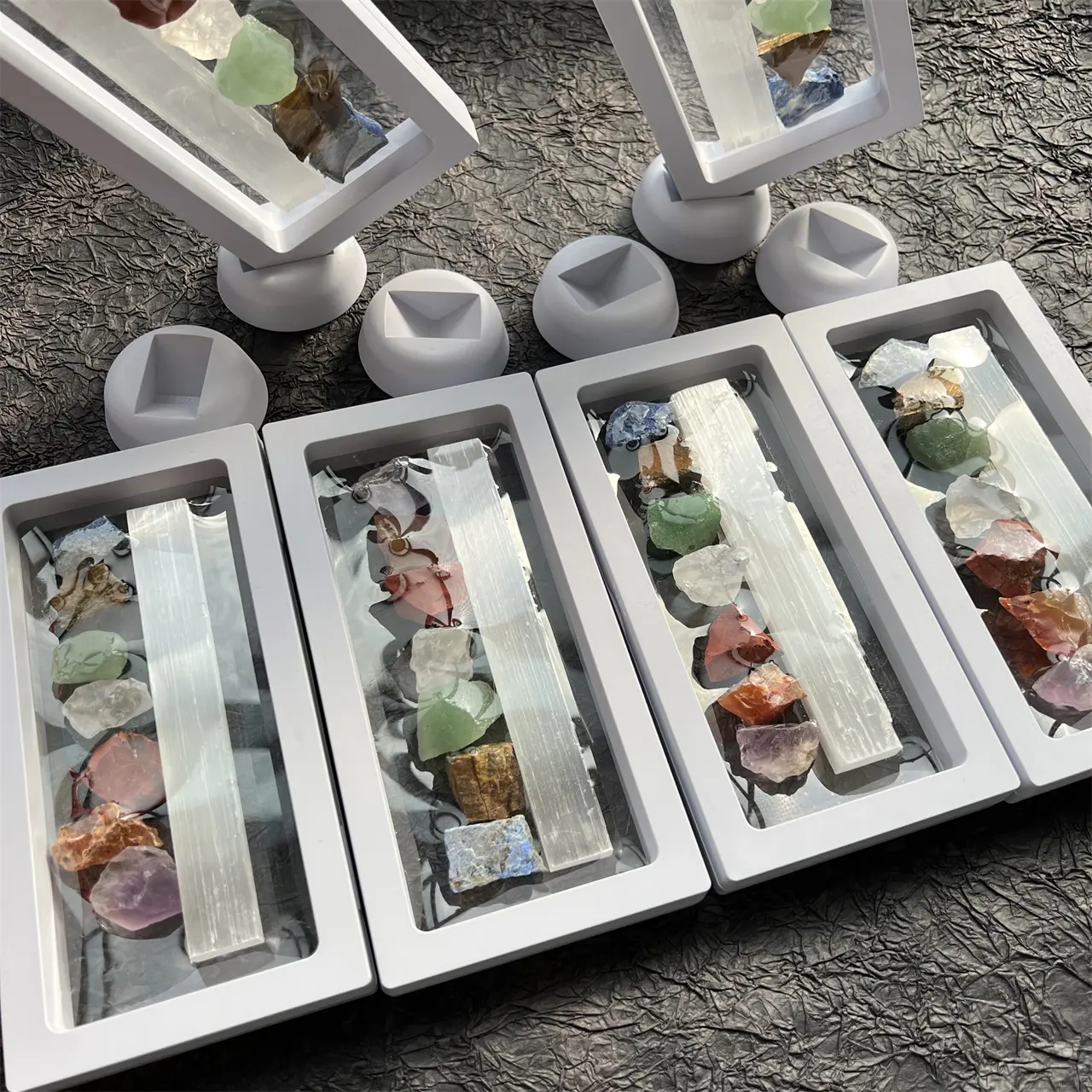 Natural Crystal Gift Set of Seven Chakra Healing Stones Crystals in Raw Stone and Plaster Strips