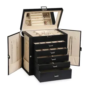 Large Luxury PU Leather Jewelry Box Organizer With Mirror Drawer Jewelri Case Jewellery Storage Case For Gift