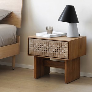 Woven Rattan Solid Wood Bedside <strong>Cabinet</strong> &amp; <strong>Side</strong> Table-Nordic Wabi-Sabi &amp; Vintage Styles-Oak &amp; <strong>Black</strong> Walnut-from China - Product Image 1