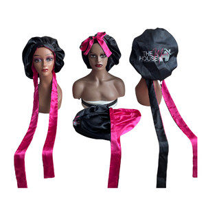 THE HOUSE Satin <b>Bonnet</b> Black with Pink Ribbon Fashion Headwear for Women 54-56CM Home Use Four Seasons - Product Image 6
