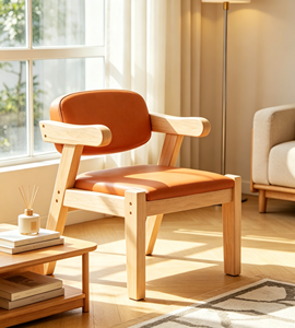 Fauteuil scandinave moderne en bois massif avec revêtement en cuir PU orange, chaise de loisirs rembourrée pour salon, mobilier de maison - Product Image 1