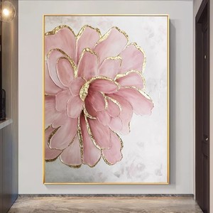 Hand Painted Oil Painting <b>Pink</b> Flower Gold Foil 3D Effect Metal <b>Frame</b> Abstract Art Wall Decor For Living Room Or Dining Room - Product Image 3