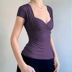Nouvel Arrivage – T-<span class=keywords><strong>shirt</strong></span> d'été <span class=keywords><strong>violet</strong></span> moulant pour <span class=keywords><strong>femme</strong></span>, col carré, froncé, manches courtes, coupe ajustée - Product Image 2