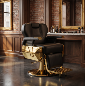 Sillón de Barbería Hidráulico Reclinable 360 °   Base Giratoria de Metal Dorado con Reposapiés para Barbería Masculina - Product Image 1