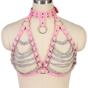 SacKnove 51155 クールな女性用ゴシックパンクスタッズ付き衣類、チェストハンギングとチェーン付き人気アクセサリー、襟付き女性用ボンデージブラ - Product Image 3